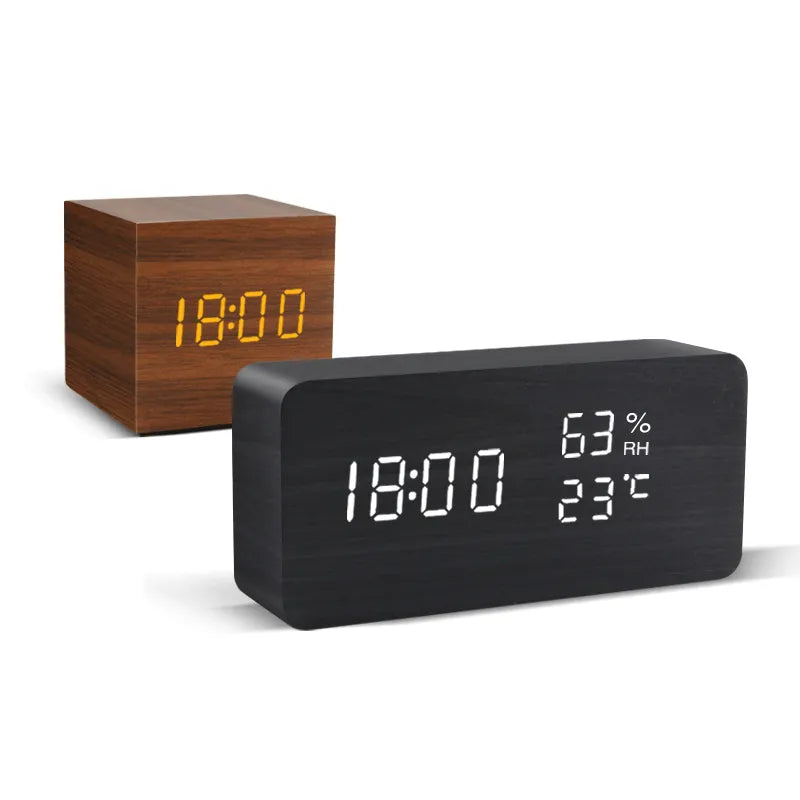 Relógio  e alarme de madeira para mesa
